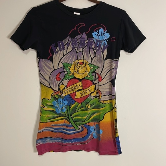 Y2K Ed Hardy Girls Bedazzled T-Shirt or adult XS Black Pink Rose Long Fitted Emo